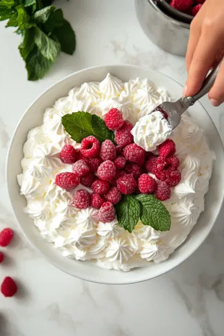 A black mixing bowl on a white marble cooktop contains double cream being whisked with icing sugar until soft peaks form, creating a rich and luscious filling.