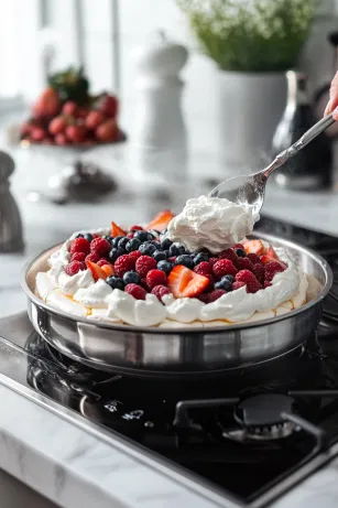 The cooled pavlova ring on the white marble cooktop, filled with whipped cream in the central trench. A colorful assortment of strawberries, raspberries, blueberries, and pomegranate seeds is arranged on top.