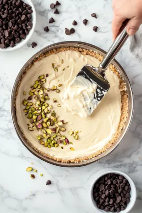 Creamy cannoli filling being poured into a baked graham cracker crust and spread evenly with a spatula, surrounded by bowls of chocolate chips and pistachios on a white marble cooktop.