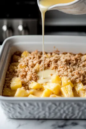 A baking pan on a white marble cooktop, layered with crushed pineapple and topped with the crumble mixture, as melted butter is drizzled over the surface.