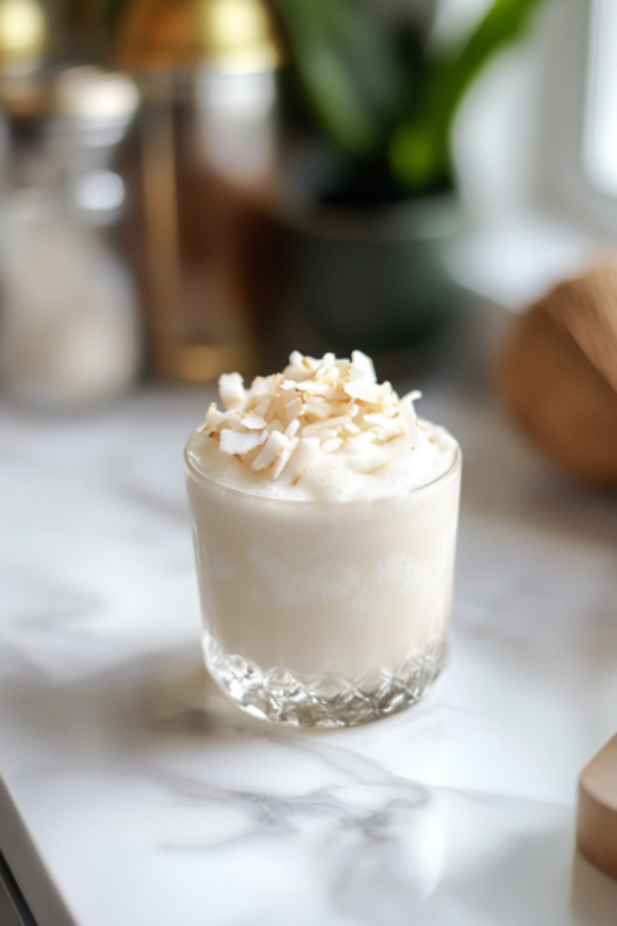 The completed drink on the white marble cooktop, topped with a swirl of whipped cream and garnished with a bright red cherry, ready to serve