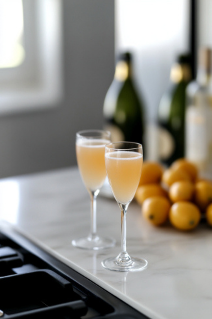 The completed Baby Bellini sparkling on the white marble countertop, ready to be served as a refreshing, non-alcoholic treat.