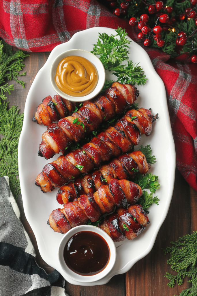 The finished bacon-wrapped smokies are arranged on a festive platter, garnished with sprigs of parsley. Small bowls of barbecue sauce and honey mustard accompany the dish, perfect for a holiday gathering.