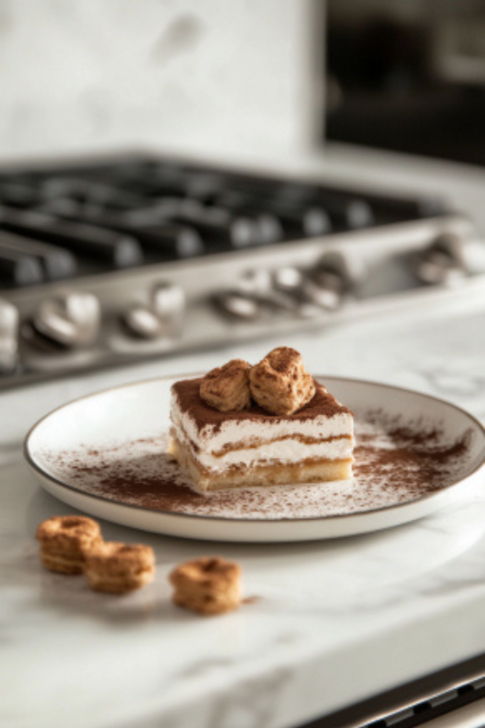 A serving of tiramisu on a plate on the white marble cooktop, displaying layers of espresso-soaked ladyfingers, creamy mascarpone, and cocoa, ready to be enjoyed in decadent scoops or squares.