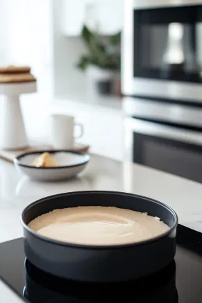 The 9-inch cake tin, now filled with smooth cake batter, rests on the white marble cooktop, ready to be placed in the preheated oven. The batter is evenly spread in the tin, awaiting the baking process.