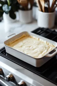 The baking pan, filled with the smooth batter, rests on the white marble cooktop, ready for the oven preheated to 350°F. The batter will bake for 50-60 minutes, developing a golden top.