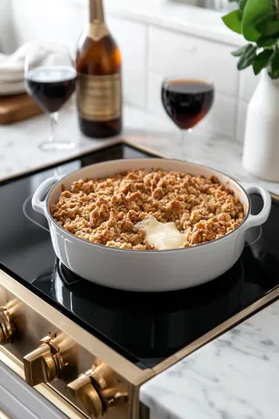 A baking dish on the white marble cooktop being placed into a preheated oven, set to bake for 25-30 minutes until the crumble topping turns golden and begins to bubble.