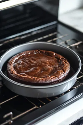 The pan in the oven at 320°F on the white marble cooktop, baking for 30 minutes. Once fully cooled in the pan, the cake is ready to be sliced thinly and served.