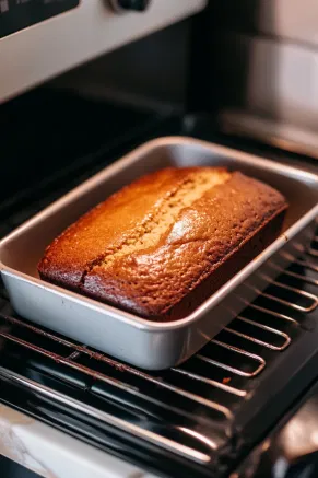 A loaf pan in the oven on the white marble cooktop, with the clementine yogurt olive oil cake developing a golden, crusty top as it bakes.