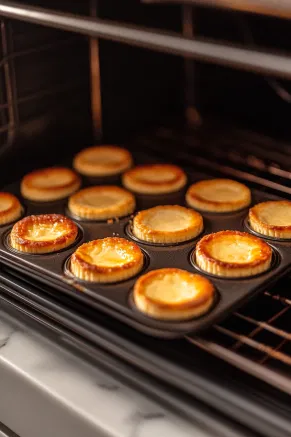 The muffin tray inside the oven on the white marble cooktop, as the cheesecakes bake to perfection, with a golden glow highlighting the setting tops.