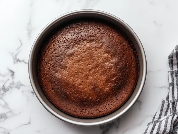 The pan in the oven at 320°F on the white marble cooktop, baking for 30 minutes. Once fully cooled in the pan, the cake is ready to be sliced thinly and served.