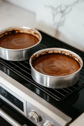 Two cake pans filled with batter placed in the oven on the white marble countertop, ready for baking.