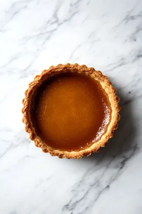 The tart on the white marble countertop, with a golden skin on the caramel layer and a slight jiggle in the center after baking for 15 minutes.