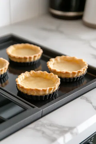 Mini tart crusts in the oven on the white marble countertop, golden brown and crisp after baking.