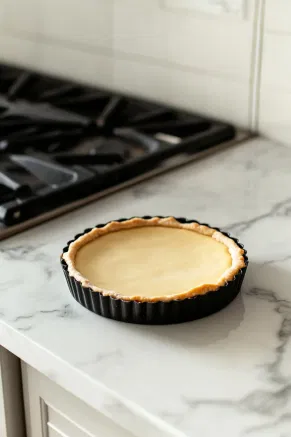 The tart tin on the white marble countertop, showing a golden and firm crust after baking for 10 minutes and cooling for 5 minutes in the fridge.