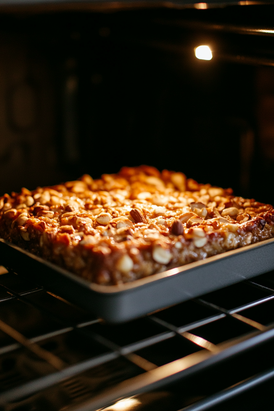 A bread pan placed in the oven with a clear view of the nut roast baking to golden perfection at 375°F. A soft glow from the oven light illuminates the roast.