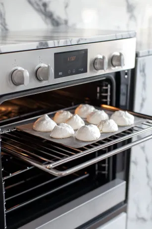 The baking tray placed into the oven at 160°C on the white marble cooktop as the temperature is immediately reduced to 140°C. The pavlova bakes for 1 hour to 1 hour 15 minutes, achieving a crisp, white exterior.