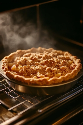 The pie dish, resting on a cookie sheet, is placed inside the oven set to 450°F. The crumble topping begins to turn golden brown, and steam rises, hinting at the fragrant baking apples.