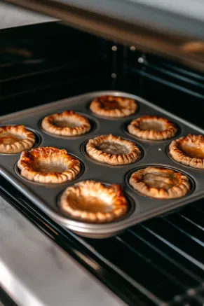 The muffin tin with the pies is placed in the oven, baking at 400°F. The tops turn a golden brown, visible through the oven's glass door.