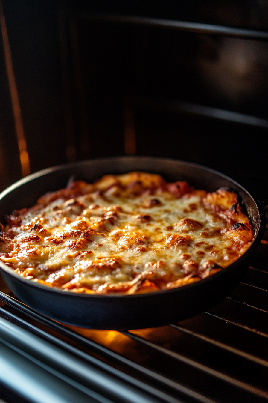 A deep-dish pizza resting on a white marble cooktop after baking, with a pizza cutter nearby. The golden crust and melted cheese glisten under soft lighting.