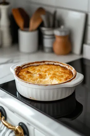 The baking dish is shown inside the oven on the white marble cooktop, baking at 180°C (350°F). The pudding develops a golden, set surface as it bakes for 40 minutes.