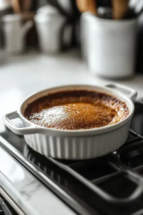 The baking dish in the oven on the white marble countertop as the sticky toffee pudding bakes to a golden brown perfection.