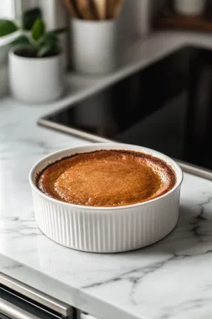 The pudding batter is spooned into the prepared basin on the white marble cooktop, with the top smoothed for an even bake. The basin is placed in the preheated oven to bake for 50-60 minutes, or until a skewer inserted in the center comes out clean.