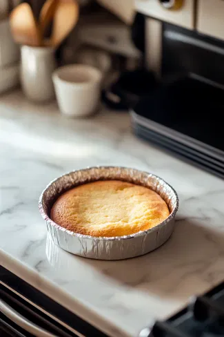 The baking tin rests on the white marble cooktop, about to be placed in an oven preheated to 180°C (160°C fan). The lemon sponge will bake for 25-30 minutes, becoming golden and fluffy as it rises.