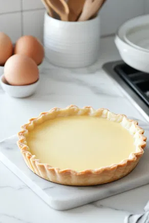 A pre-baked tart shell on a baking tray is on the white marble cooktop as a creamy eggnog custard is being poured in. The custard fills the shell, preparing it for baking at 150°C. The goal is a smooth filling, set at the edges with a gentle wobble in the center.