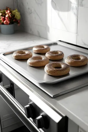 Two baking sheets, each holding four bagels, are set on the white marble cooktop, ready for the oven. The bagels bake for 20-25 minutes, developing a rich, dark golden color.