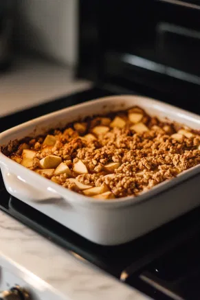 A baking dish with the Apple Crisp is being gently placed into an oven, viewed over the white marble cooktop, as the dessert begins to bake to golden perfection.