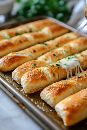 Freshly baked, golden brown breadsticks on a baking sheet, being brushed with melted butter and sprinkled with garlic salt, placed on a white marble cooktop.