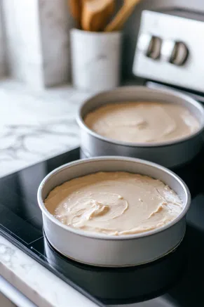 Two round cake pans filled with prepared batter are set on the white marble cooktop, ready to be placed into a preheated oven.