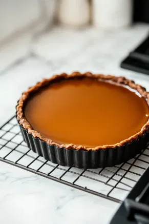 A tart tin filled with golden caramel, freshly baked, resting on a cooling rack over a white marble cooktop.