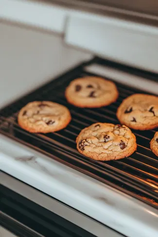 The cookies are baking in the oven, viewed over the white marble cooktop. The cookies are beginning to set, with their edges turning golden brown.