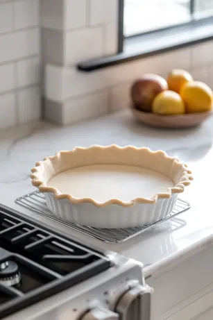 The pie dish on the white marble cooktop as the crust bakes in the oven at 350°F for 10-12 minutes, turning golden brown. The crust cools on a wire rack, ready for the filling.