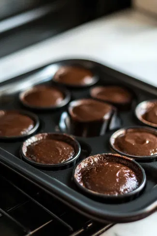 The chocolate fondants rising slightly above the rim of the moulds as they bake in the oven, placed in a black baking tray over the white marble cooktop.