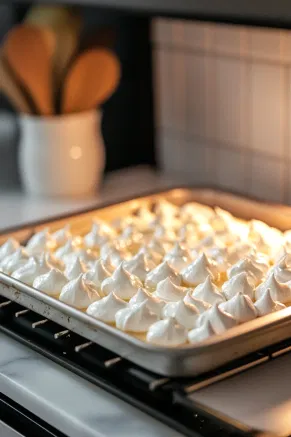 A baking tray with the meringue wreath is placed in the oven, viewed over the white marble cooktop. The meringue begins to set and takes on a light golden hue.