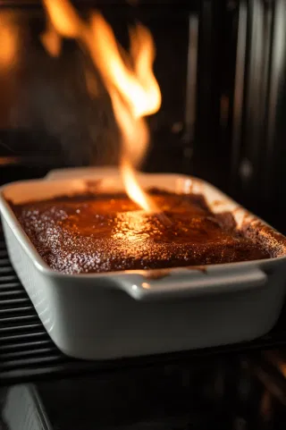 An 8x8 inch baking dish placed in a preheated oven set to 350°F, baking for 30-35 minutes until a toothpick comes out clean.