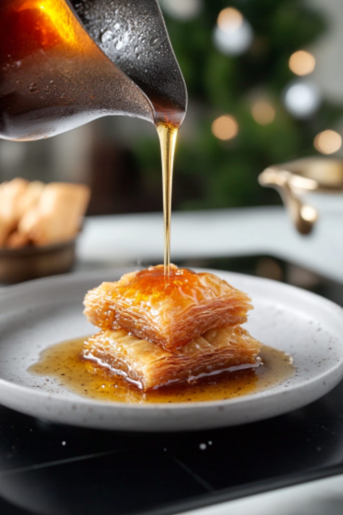 The cooled honey syrup being poured over the hot baklava on the white marble cooktop, allowing the syrup to soak into the flaky layers