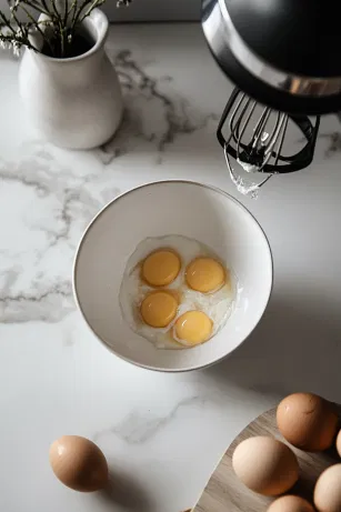 A mixing bowl on the white marble cooktop with egg yolks and ¼ cup of sugar being beaten by a handheld mixer. The mixture is becoming pale and doubling in volume after about 5 minutes of mixing.