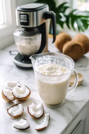 A blender on a white marble cooktop blending a frothy mixture of coconut cream and white rum, with a bottle of rum, a can of coconut cream, and measuring tools neatly arranged nearby.