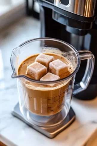 A blender on the white marble countertop blending frozen coffee cubes with Irish whiskey, creating a frothy and smooth coffee base.