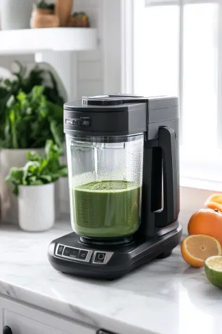 The blender on the white marble cooktop is shown blending vanilla soy milk and matcha powder into a vibrant, smooth green mixture.