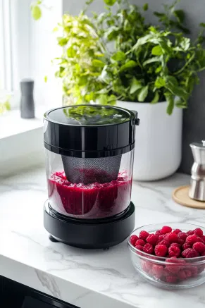 The raspberry mixture being blended into a smooth pulp in a black blender on the white marble cooktop. A fine-mesh black strainer is positioned over a clear glass bowl, ready for sieving.