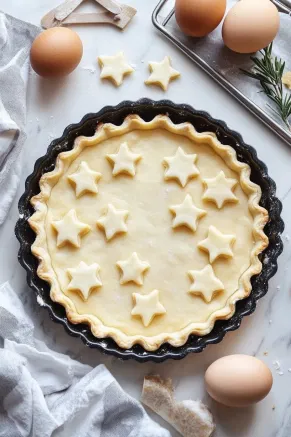 The rolled-out pastry, now about 2-3mm thick, lines a 23cm tart tin on the white marble cooktop. The edges are neatly trimmed, and small star shapes, cut from the leftover dough, are brushed with egg yolk and arranged on a lined baking tray beside the tart base.