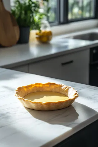 The tart shell, lined with baking parchment and filled with baking beans, sits on the white marble cooktop. It is halfway through a blind-baking process at 200°C, having baked for 20 minutes. The next steps involve removing the beans and brushing the shell with egg yolk for an additional golden finish.