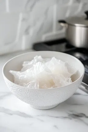 A bowl sits on the white marble cooktop with gelatin sheets soaking in cold water, softening and blooming for 15 minutes to prepare for the recipe.