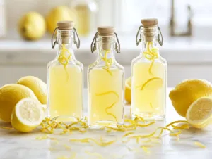 Lemon-infused Everclear being poured through a fine mesh sieve into the cooled milk mixture on a white marble cooktop, with a decorative bottle prepared for filling placed to the side.