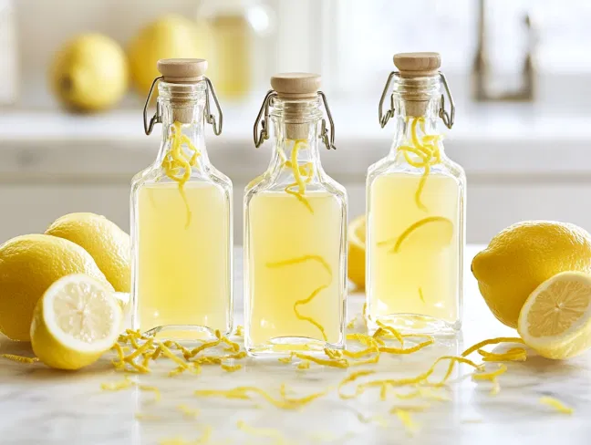 Lemon-infused Everclear being poured through a fine mesh sieve into the cooled milk mixture on a white marble cooktop, with a decorative bottle prepared for filling placed to the side.